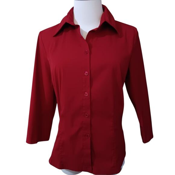 FRED DAVID Stretch Button Front Shirt Blouse Top S Darts‎ Red 3/4 Sleeves Career - Picture 9 of 10